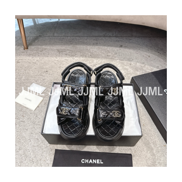 샤넬 더블 C 플랫폼 벨크로 샌들 레더 블랙